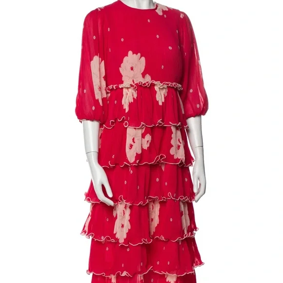 sachin and babi light blue dress Ganni Orange Floral Print Chiffon Midi Wrap Dress L main image 1